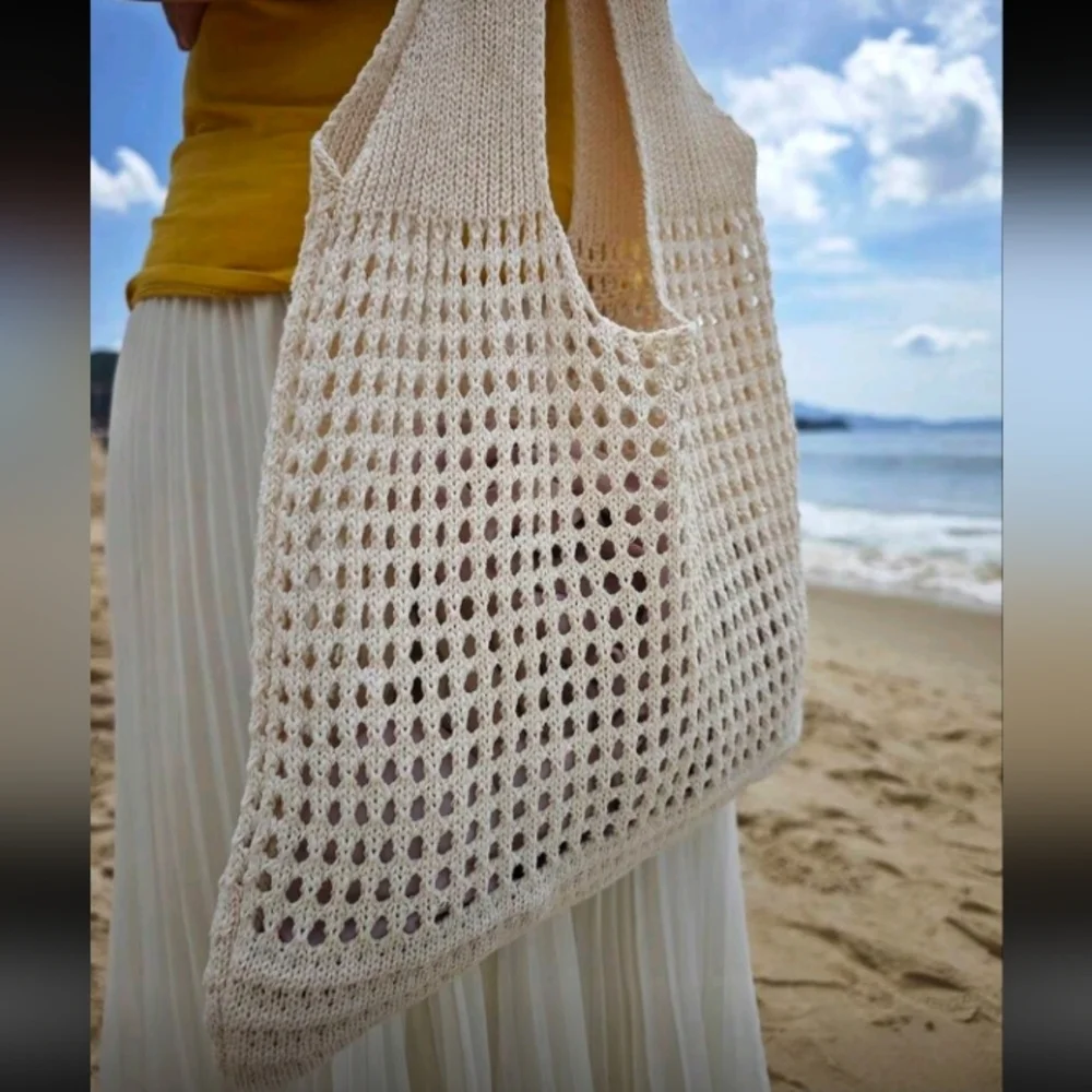 Boho Crochet Apricot Cream Tote Shoulder Bag Beach Bag